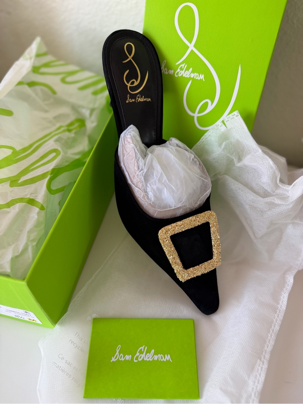 Sam Edelman Black Pointed Mule with Gold Buckle size 8.5 new